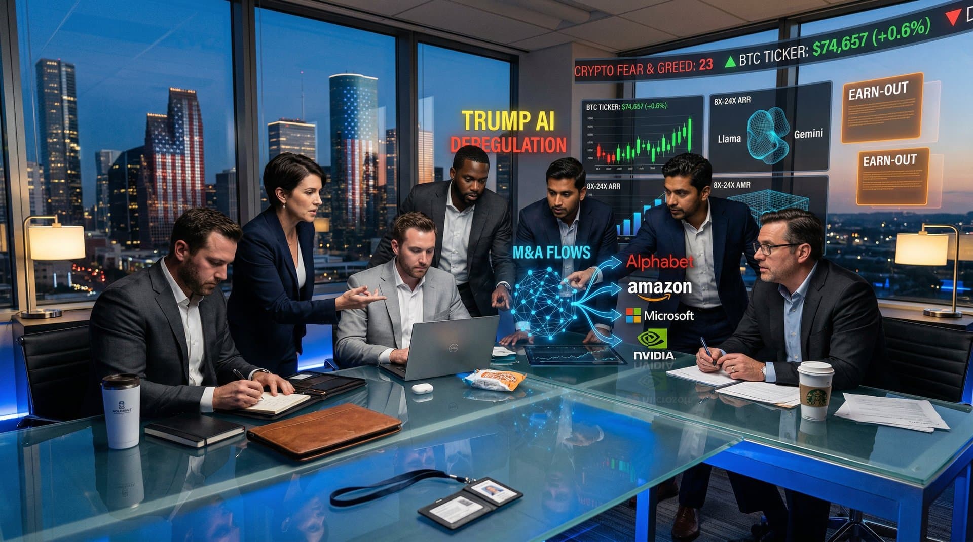 Boardroom with AI M&A deal charts, Trump policy headlines, Fear & Greed 23, Bitcoin price screens