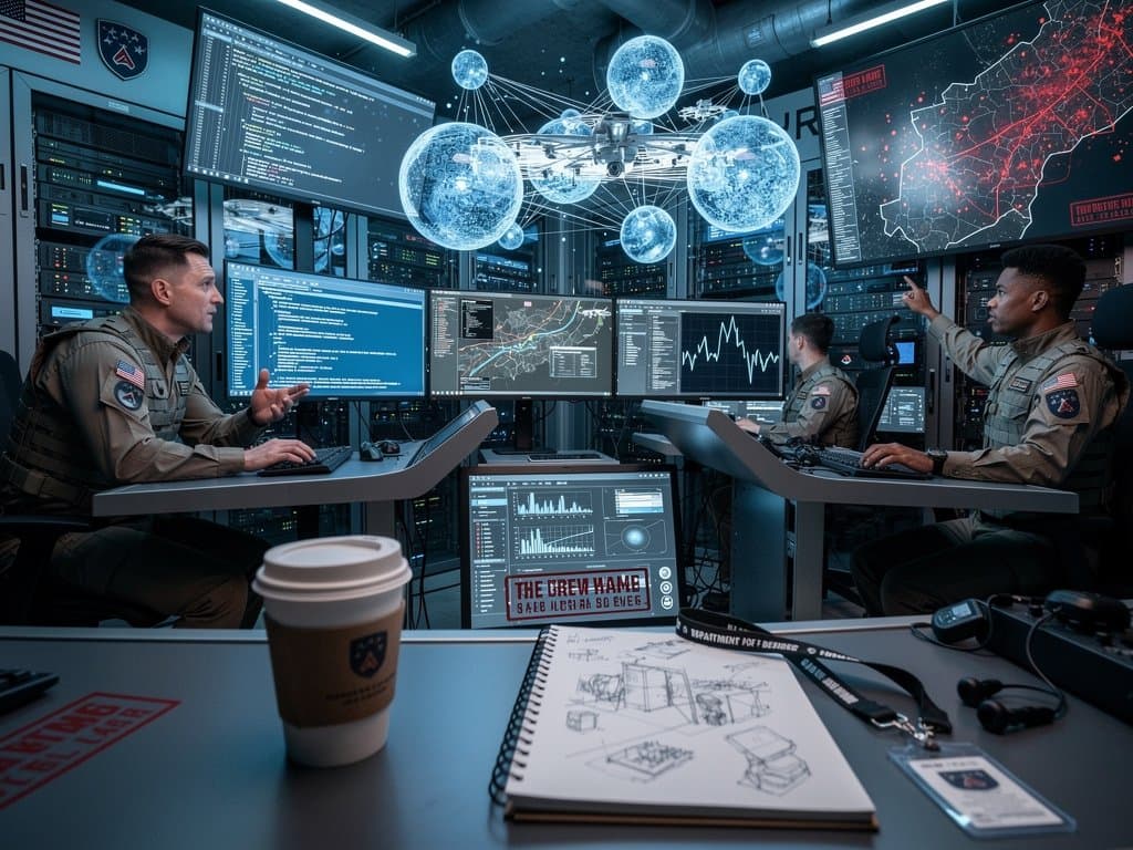 Holographic agentic AI networks in a high-tech DoD command center displaying autonomous defense operations