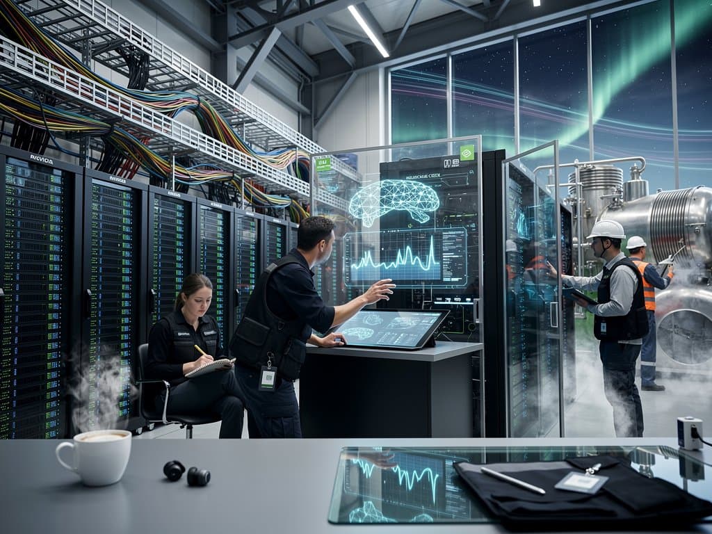 Glowing Nvidia GPU server racks in futuristic AI data center with holographic neural networks