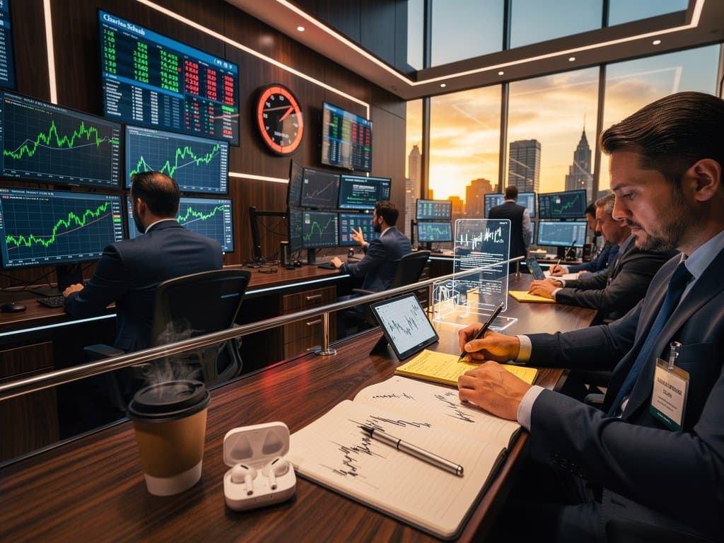 Executives monitor crypto charts on multi-monitor desks at modern Schwab trading floor with city view and LED lighting