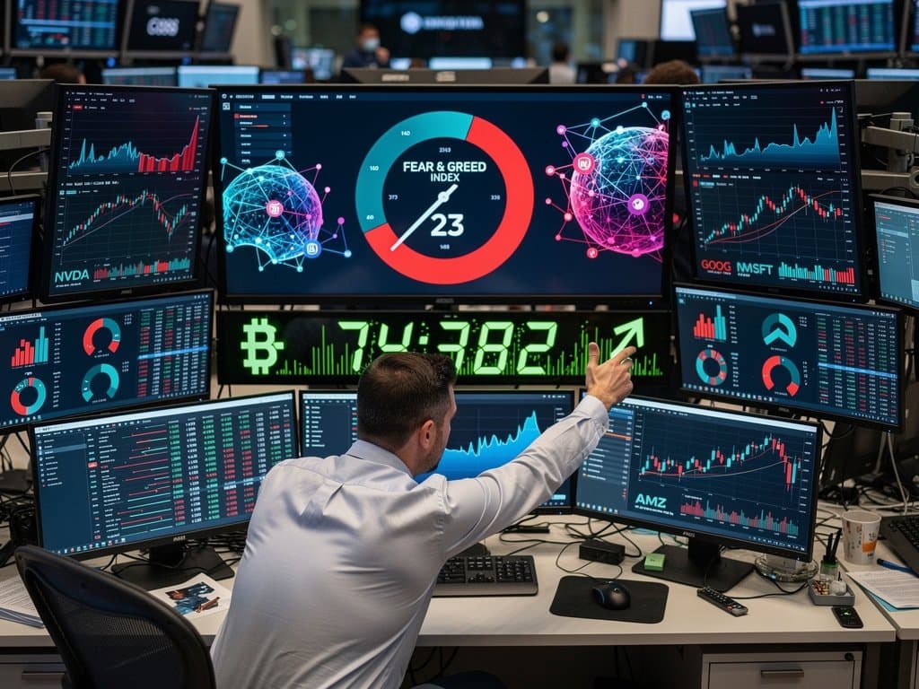 Financial dashboard with Fear & Greed at 23, AI stock charts, BTC price, neural networks overlay