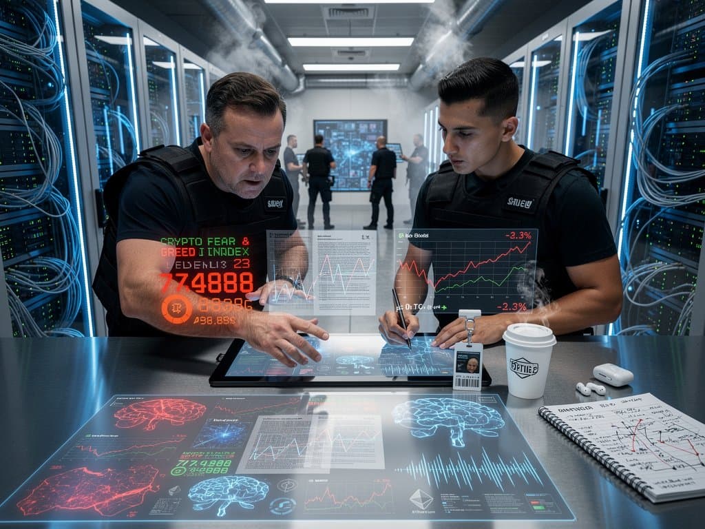 Futuristic data center with server racks, cybersecurity dashboards, and AI monitoring interfaces under LED lighting