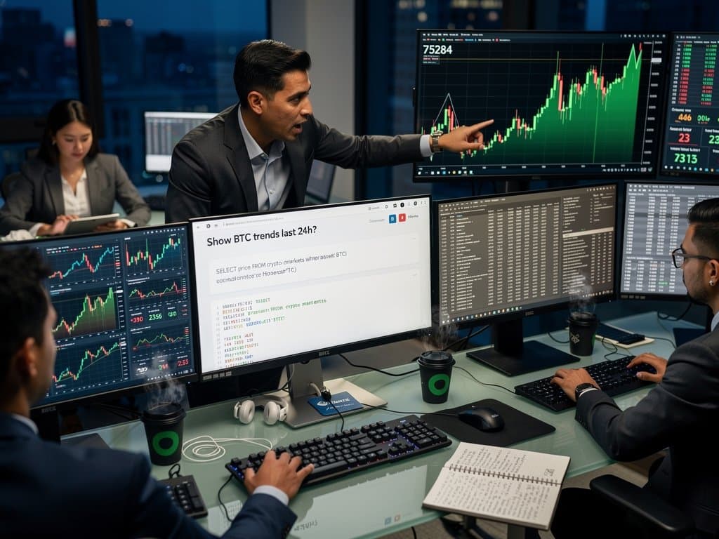 Trading floor terminals display BTC charts and AWS Bedrock text-to-SQL amid market volatility
