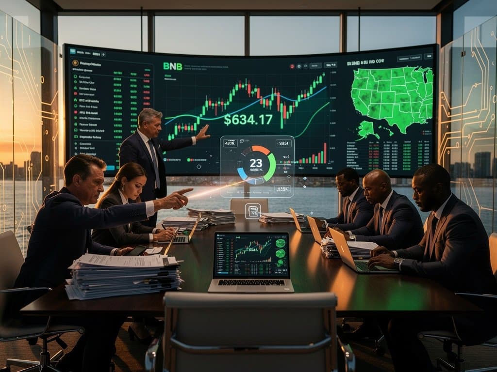 High-tech boardroom with crypto charts, political ledgers, and US election maps