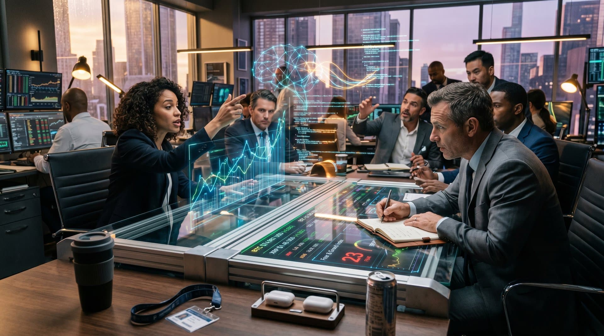 Holographic AI efficiency metrics and crypto charts in modern office collaboration