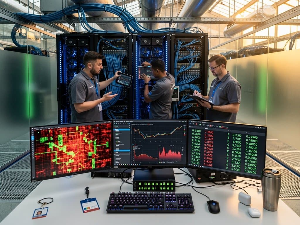 Abstract high-security data center with AI cybersecurity threat monitors, PoW graphs, server racks, glowing cables, and crypto tickers in intense operations hub