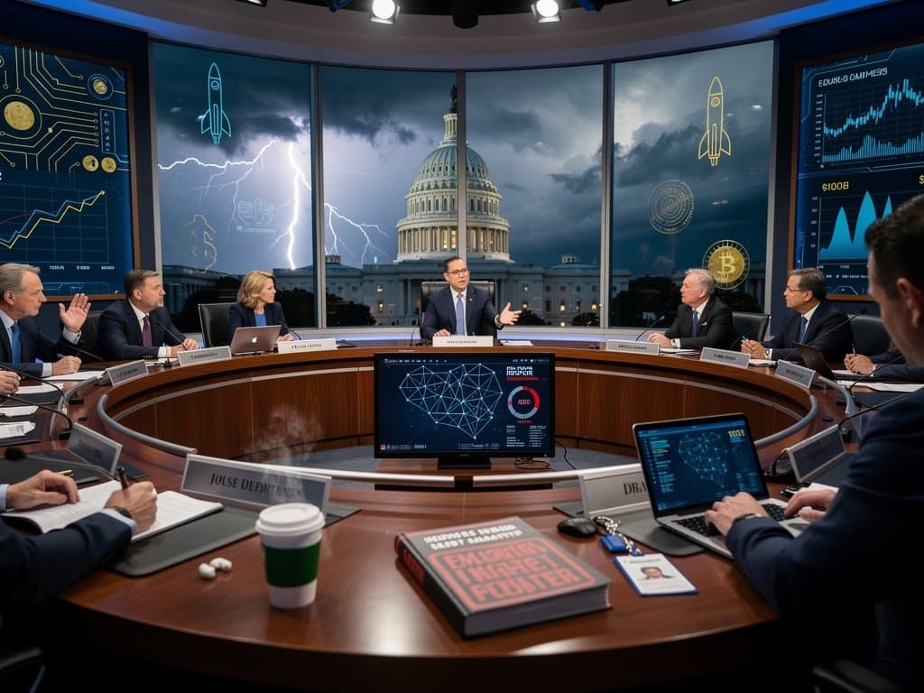 Congressional hearing room displaying ITIF AI recommendations charts, Fear & Greed Index at 21, and Capitol dome view