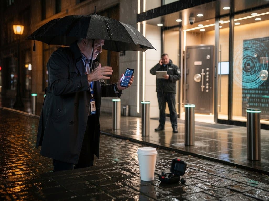 Chicago Lincoln Park crypto kidnapping scene with security lights, Fear & Greed Index hologram, and Bitcoin chart overlay (92 chars)