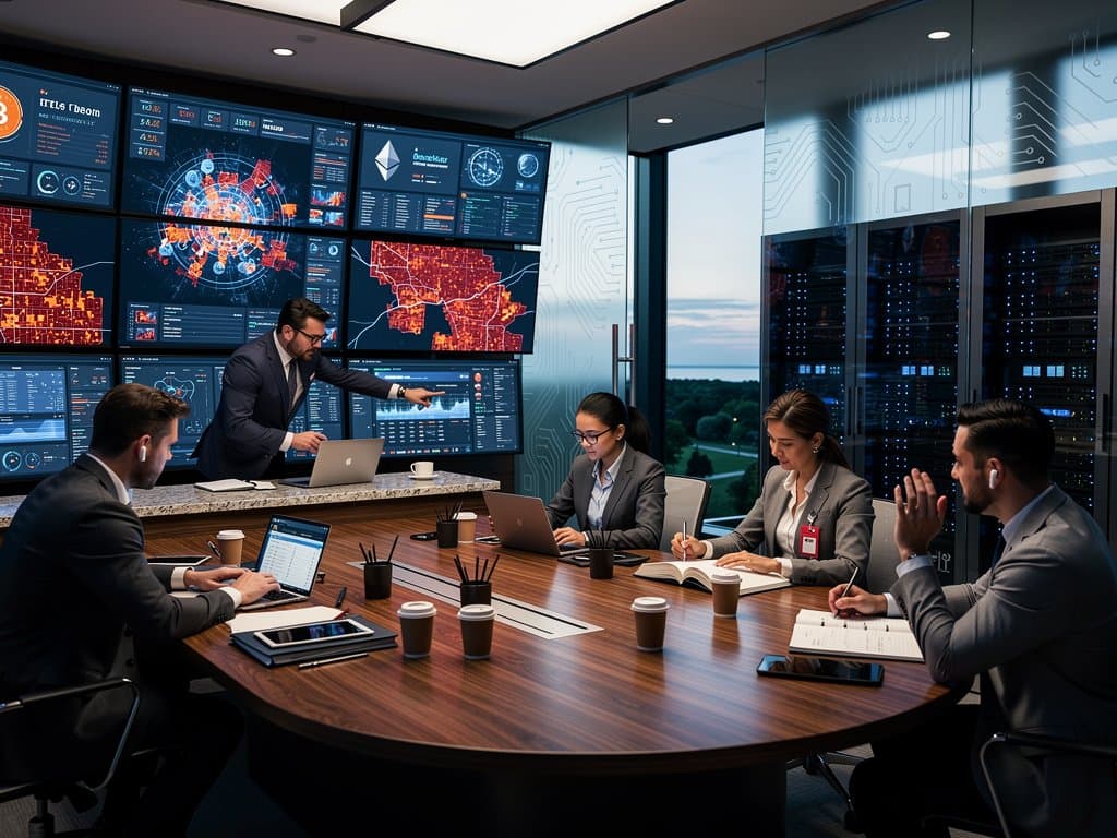 Cybersecurity operations center with threat maps, blockchain data, and Chicago risk heatmaps on multi-screens amid sleek modern design