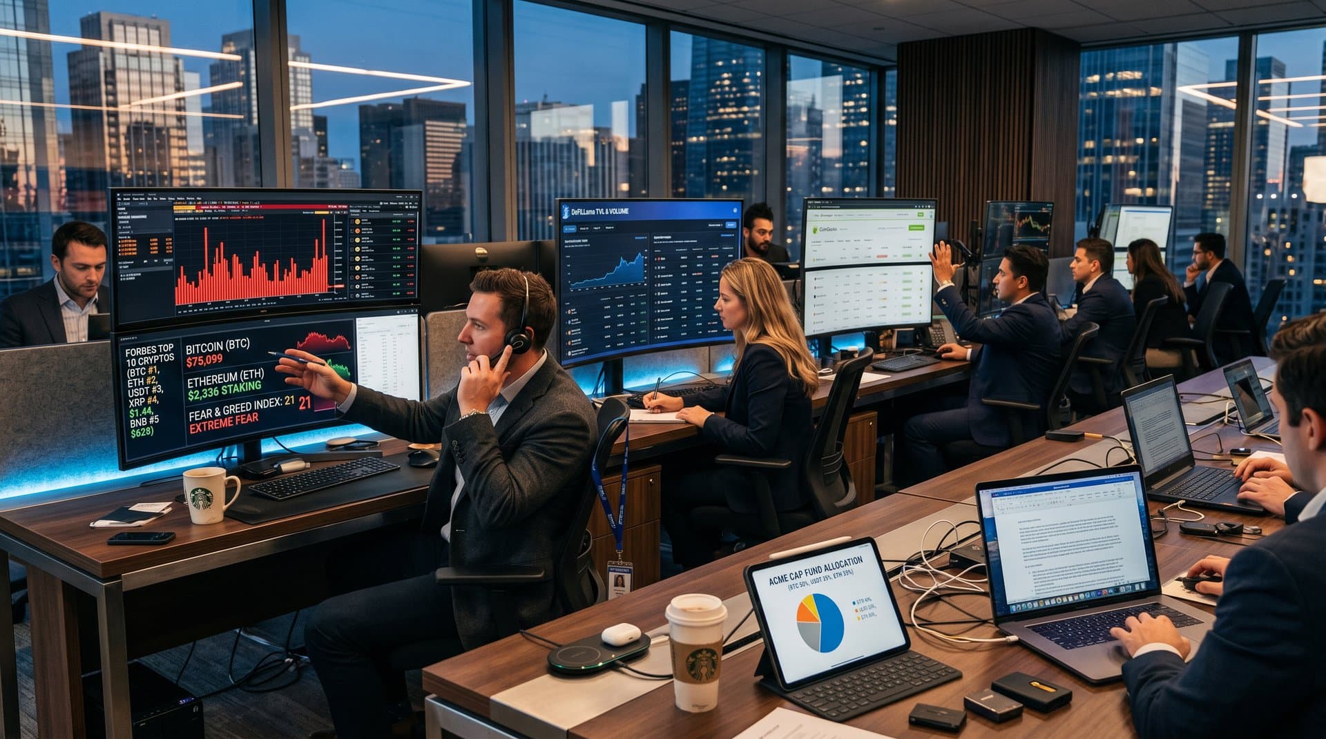 Trading desk screens show BTC at $75,099, top 10 cryptos, Fear & Greed at 21 as analysts eye treasury strategies