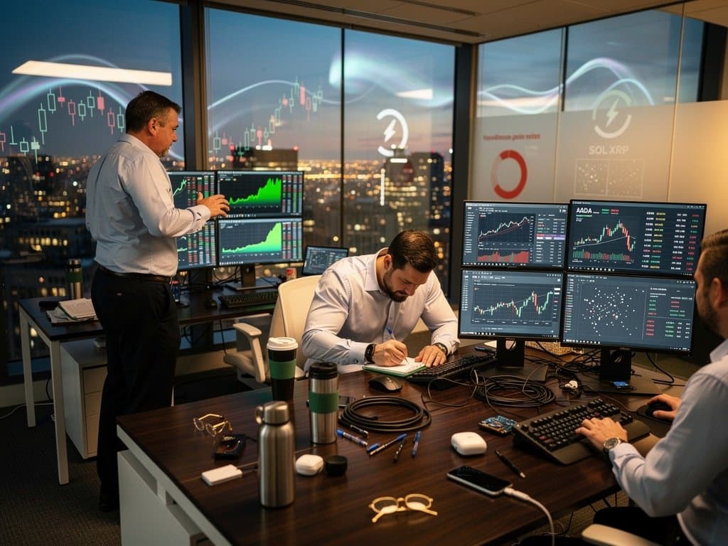 Trading floor screens show ADA at $0.26 and MarketBeat crypto picks amid charts and terminals