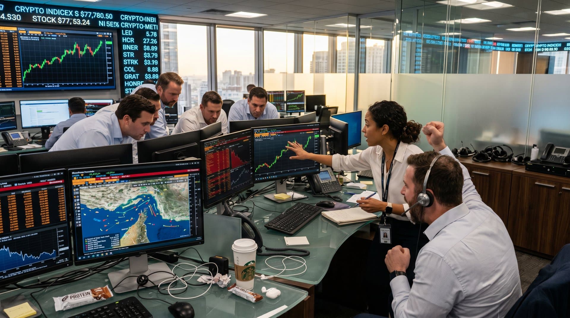 Trading screens show BTC surge to $77,780 and Hormuz tensions amid crypto stock rallies