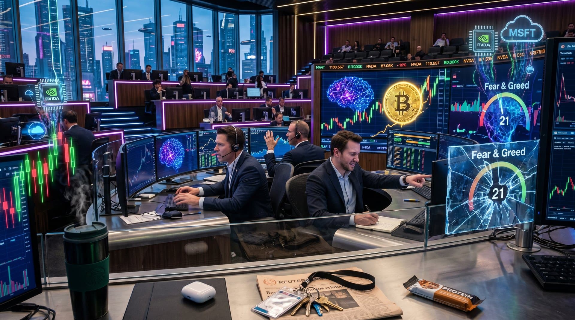 AI stock charts with Fear & Greed Index at 21 and BTC rally visualization