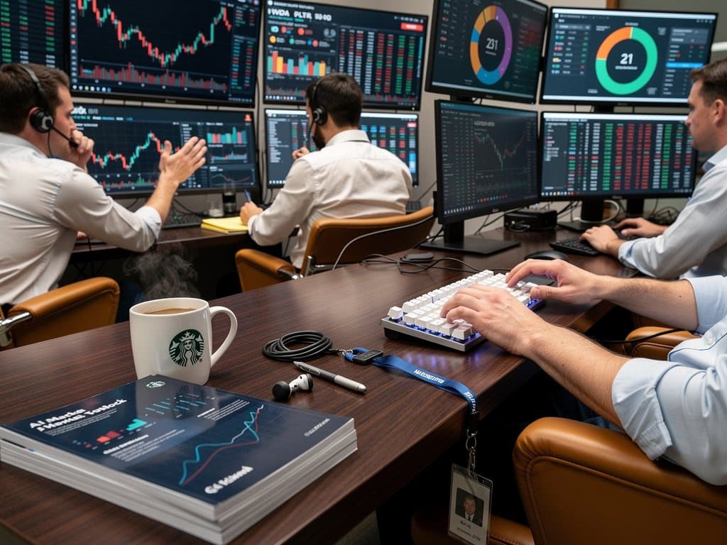 Trading floor with Bloomberg terminals showing top AI stocks, BTC prices, and Fear & Greed Index amid market volatility
