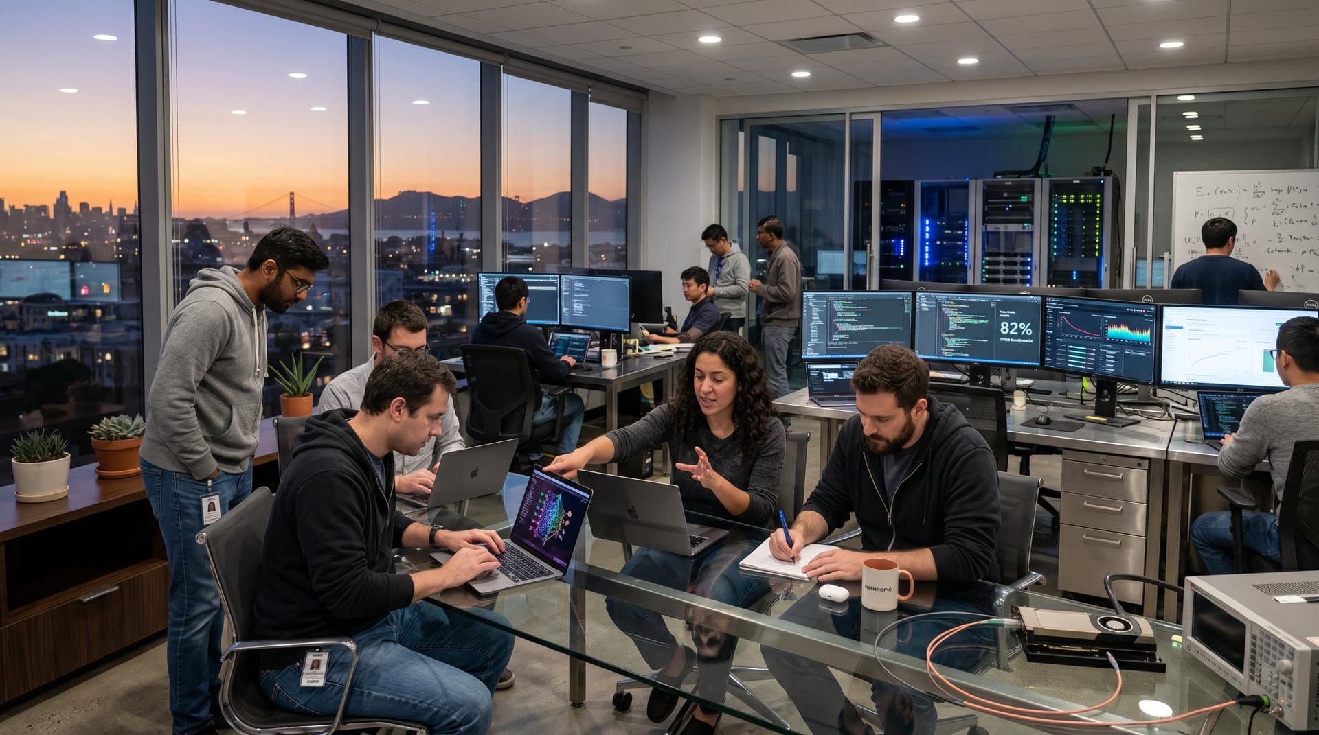 Futuristic Anthropic AI lab interior with Claude dashboards, server racks, and Bay Area dusk skyline view