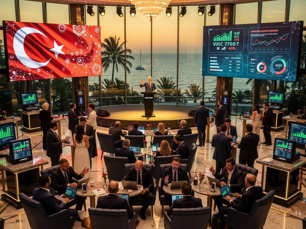 Crypto execs network in Antalya ballroom with sea views and live charts
