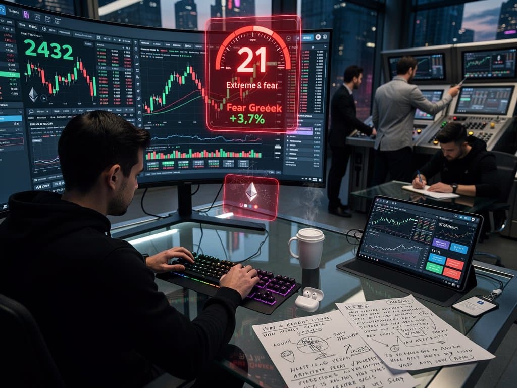 Ethereum price surge to $2,432 and Web3 cloud metrics on screens amid server infrastructure in cyberpunk trading hub