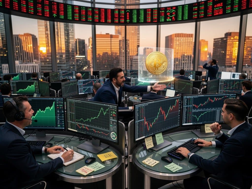 Trading floor screens show BTC at $77k, MSTR 12% surge amid crypto rally charts on Moomoo
