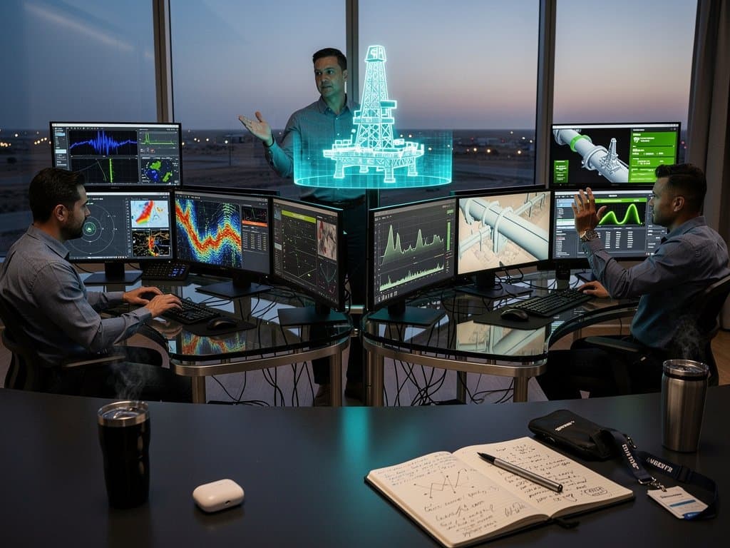 Engineers at multi-monitor desks in Permian data center view AI oilfield analytics amid server racks and cooling systems
