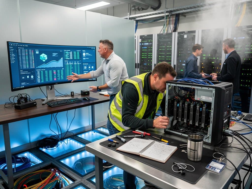Utah data center with server racks, fiber cables, and monitors showing blockchain forensics amid mountainous backdrop