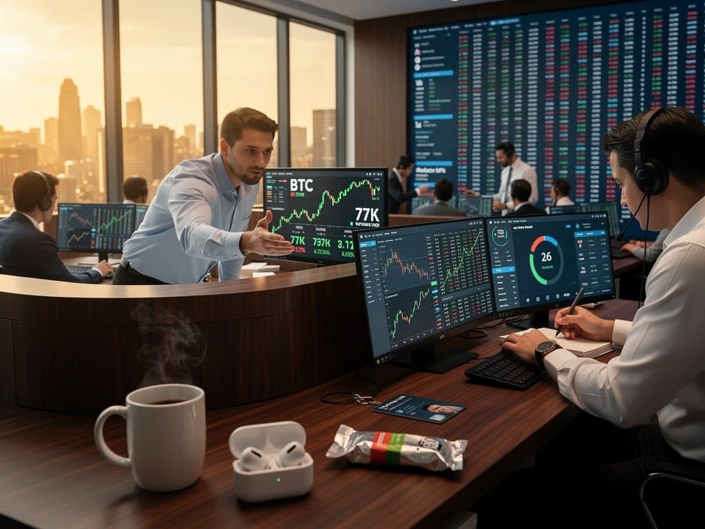 Modern Schwab trading desk with BTC/ETH charts on Bloomberg terminals, CoinGecko prices, and Fear & Greed Index amid city skyline view