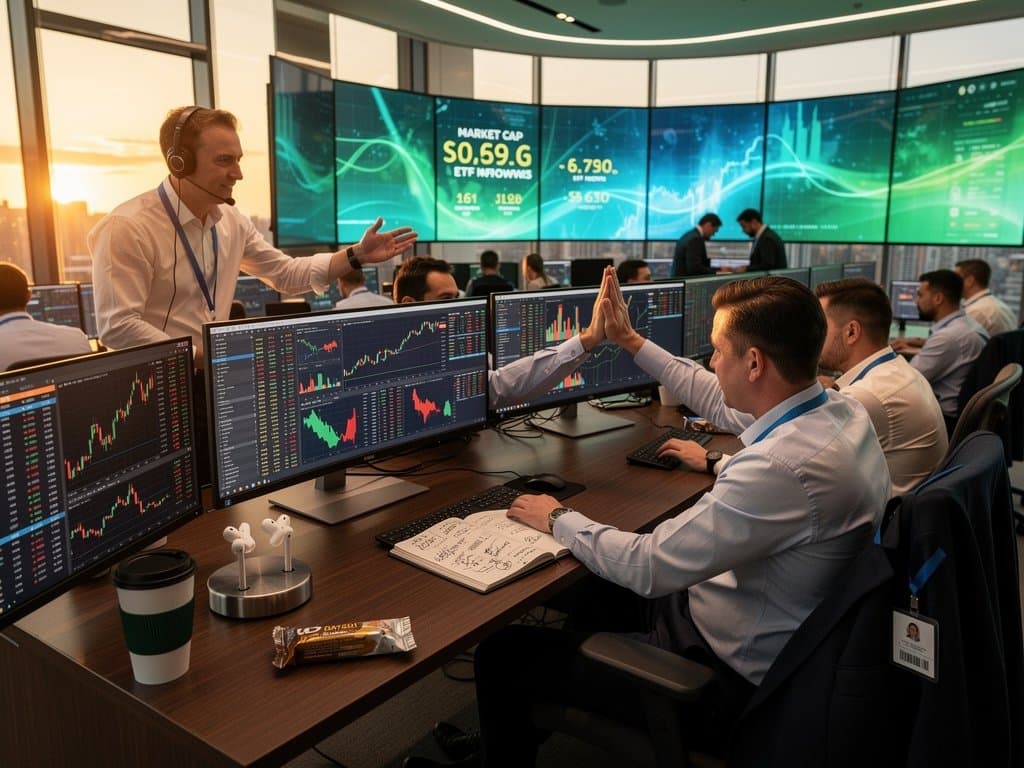 Trading desks with charts showing MSTR stock surge 12%, BTC at $77K, crypto data, Fear & Greed Index