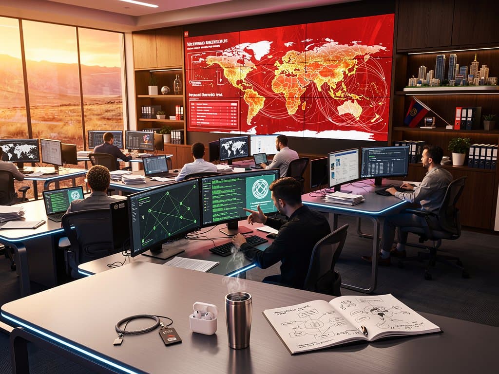 Cybersecurity team monitors blockchain compliance dashboards and crypto forensics in Utah-inspired ops center