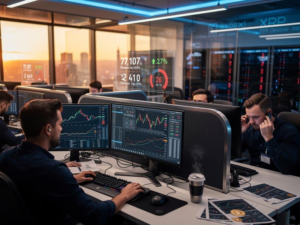 Trading floor screens show Bitcoin at $77,107 and Fear & Greed at 26 with market charts and skyline view