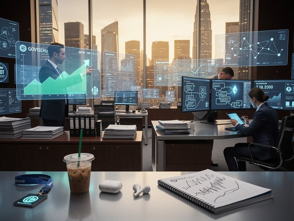 Government treasury office with AI forecasts and blockchain ledgers on modern displays