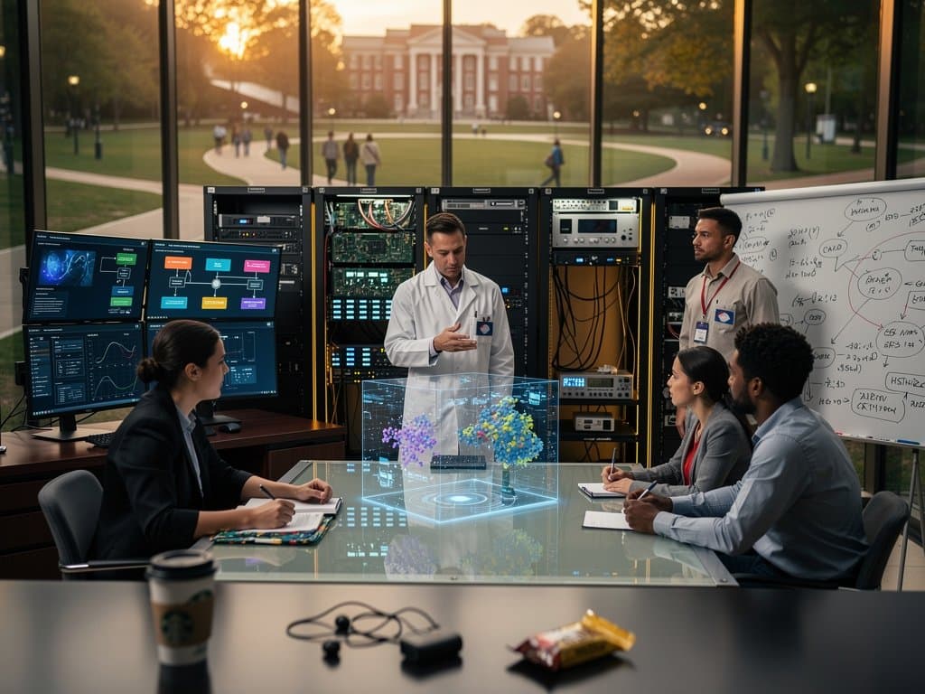 University AI ethics lab with researchers reviewing frameworks on monitors, team discussion, server racks in background