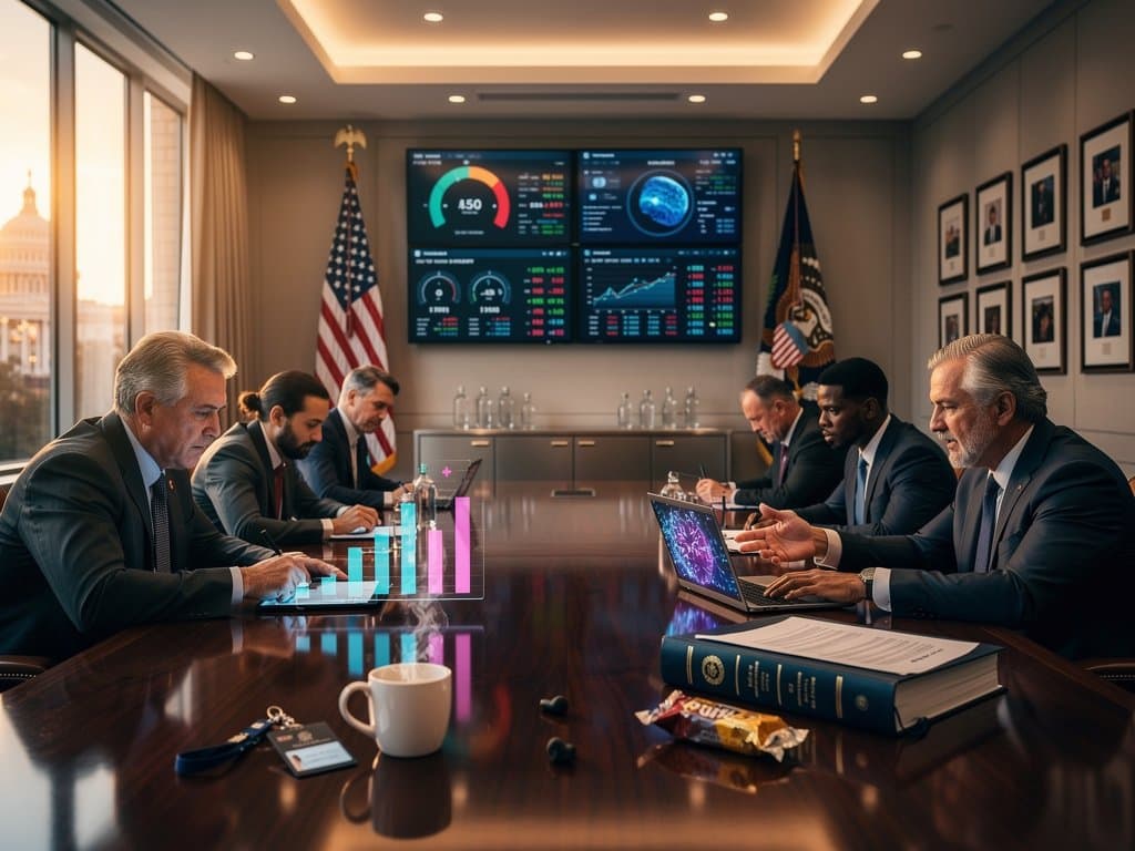 White House conference room with AI charts, regulatory docs, and professionals discussing White House-Anthropic compromise