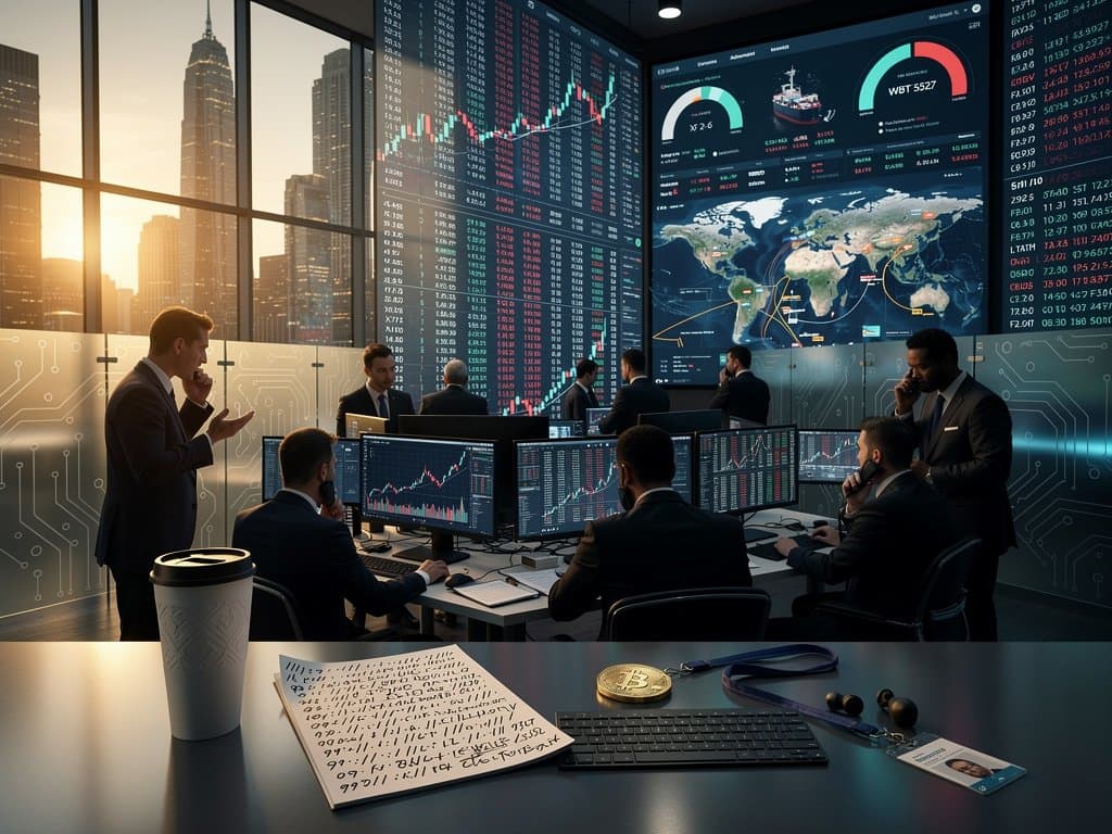 Trading floor with BTC charts at $76K, Hormuz tension maps, Fear & Greed Index at 26, and city skyline view