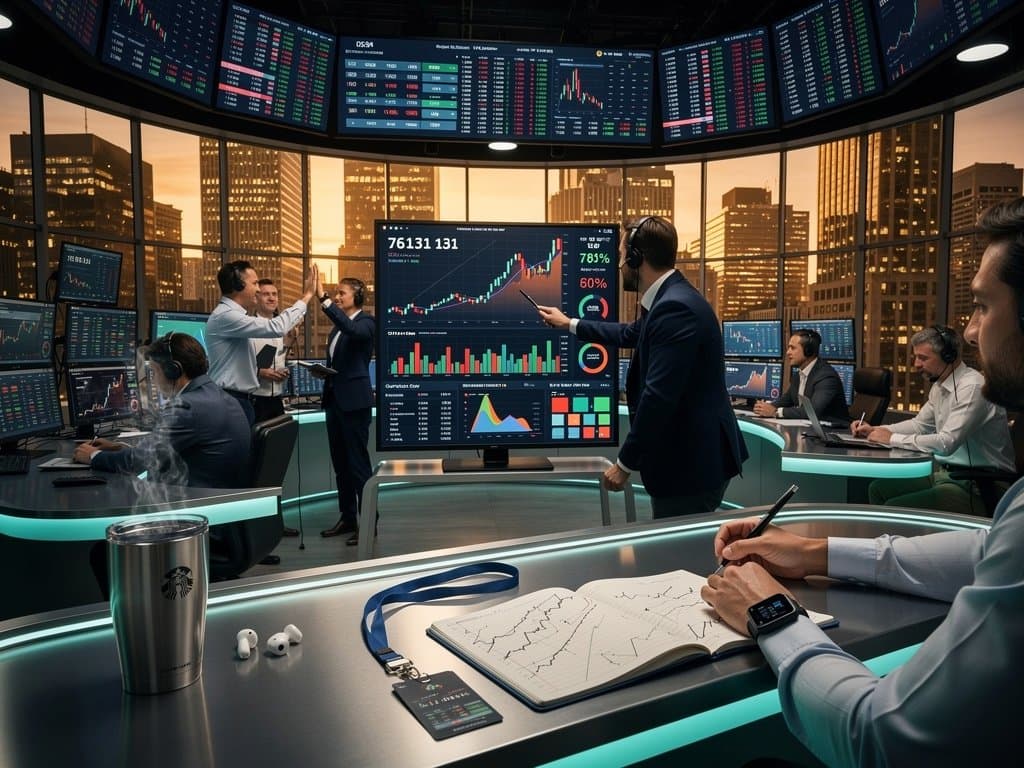Brokers analyzing Bitcoin volume surges and price charts on multi-monitor trading desks