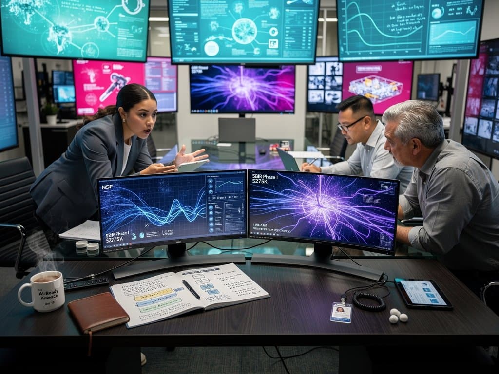Executives review $275K AI grants and tech transfer in NSF lab with screens and servers