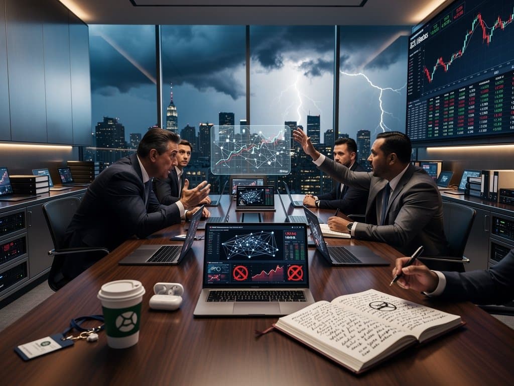 VC executives in tense boardroom review AI risk charts amid Fear Index at 26 and crypto dips