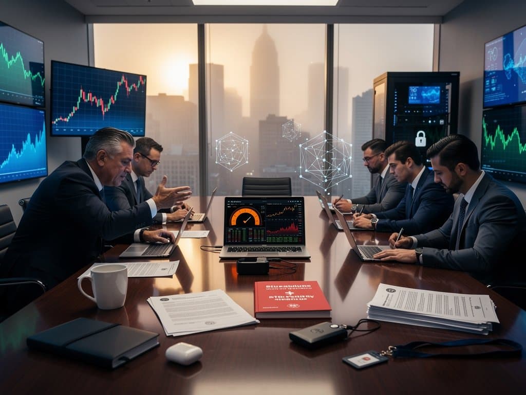 Executive boardroom featuring crypto hardware wallet, Massachusetts AG documents, BTC chart at $75K, and Fear Index at 26