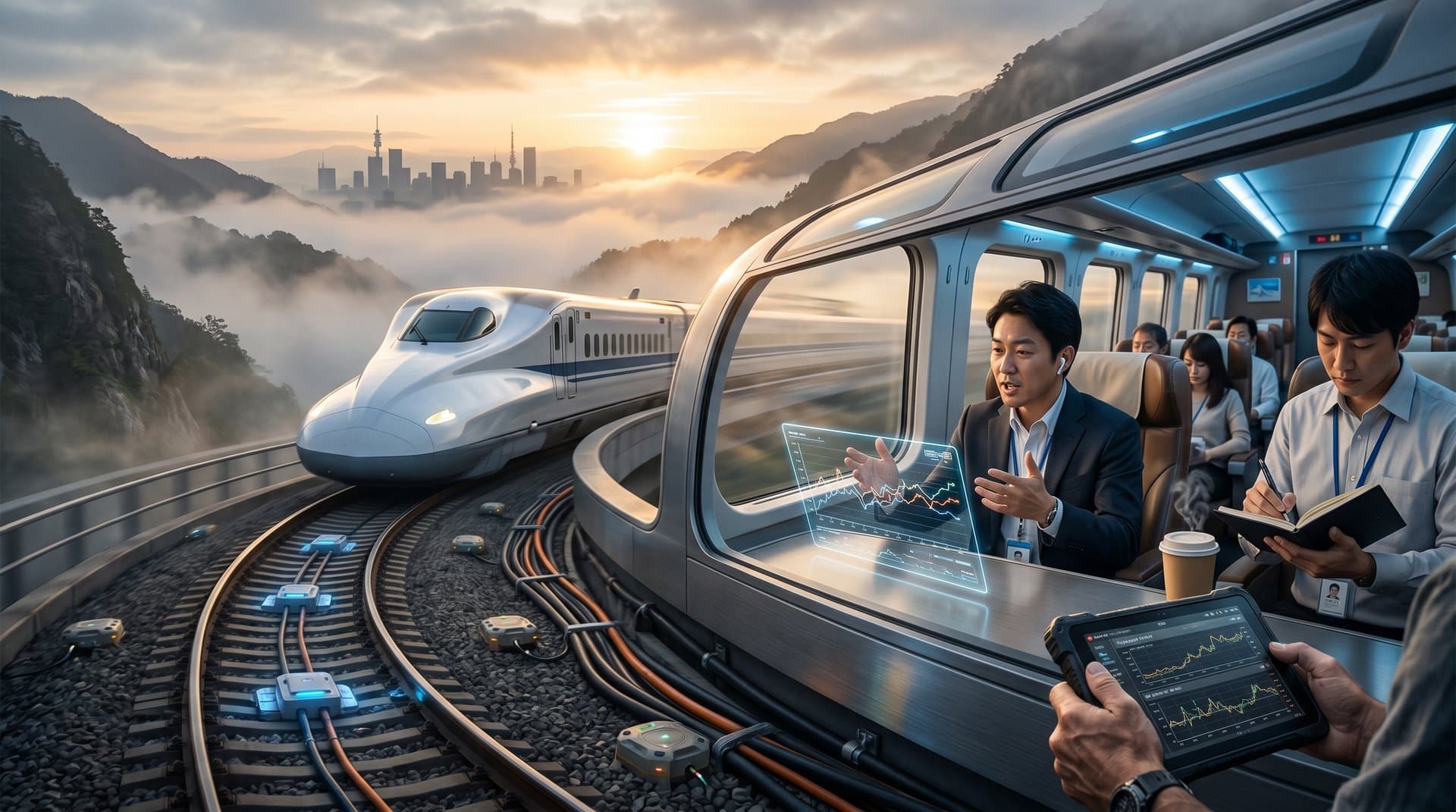 Shinkansen train speeding with blockchain network overlays, symbolizing scaling secrets for infrastructure