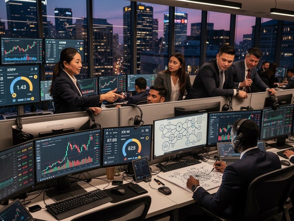 Trading floor screens showing XRP and SOL crypto charts with Fear & Greed Index at 26, analysts at desks with coffee and tech gear