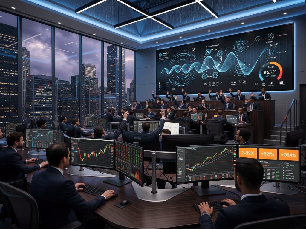 Trading desks with crypto charts showing ADA at $0.25 support amid red market displays and skyline