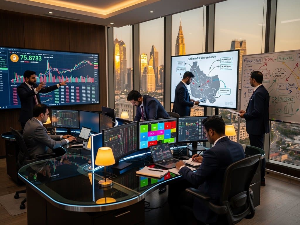 High-tech trading floor with monitors displaying BTC, DeFi metrics, Pakistan remittances, and emerging market charts in modern office