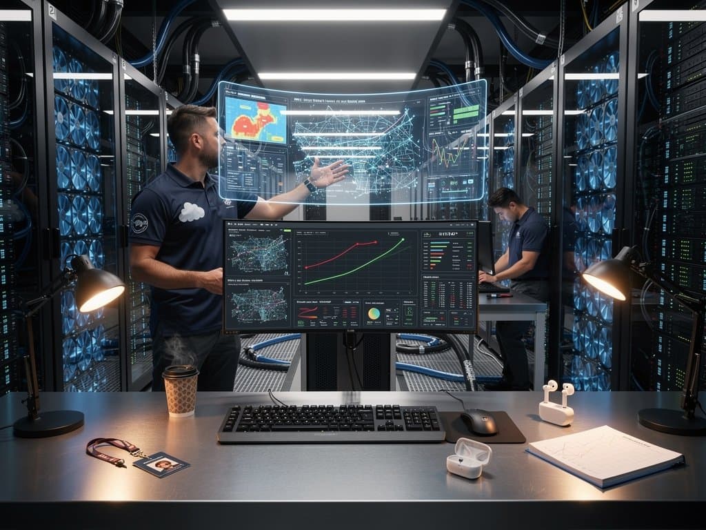 Futuristic AWS data center with Trainium chips, cost-saving graphs, and performance metrics highlighting Nvidia reductions