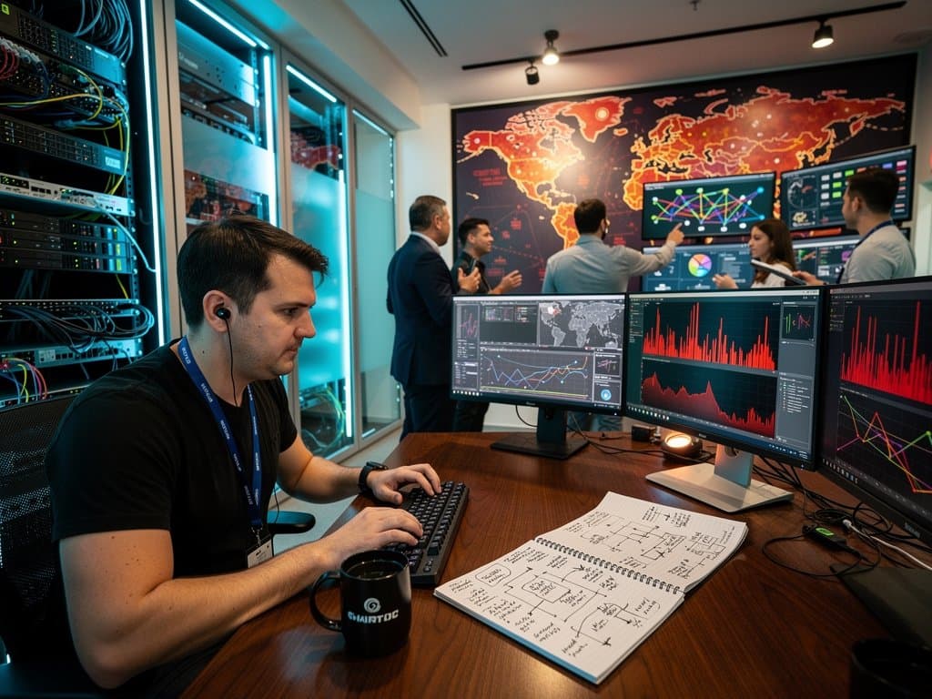 AI cybersecurity team monitors threats in modern ops center with monitors, servers, and collaborative setup