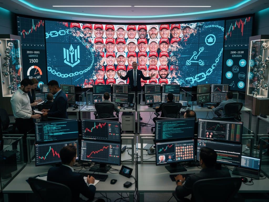 Holographic deepfake avatars transforming into blockchain verified IDs with ZKP circuits and crypto charts