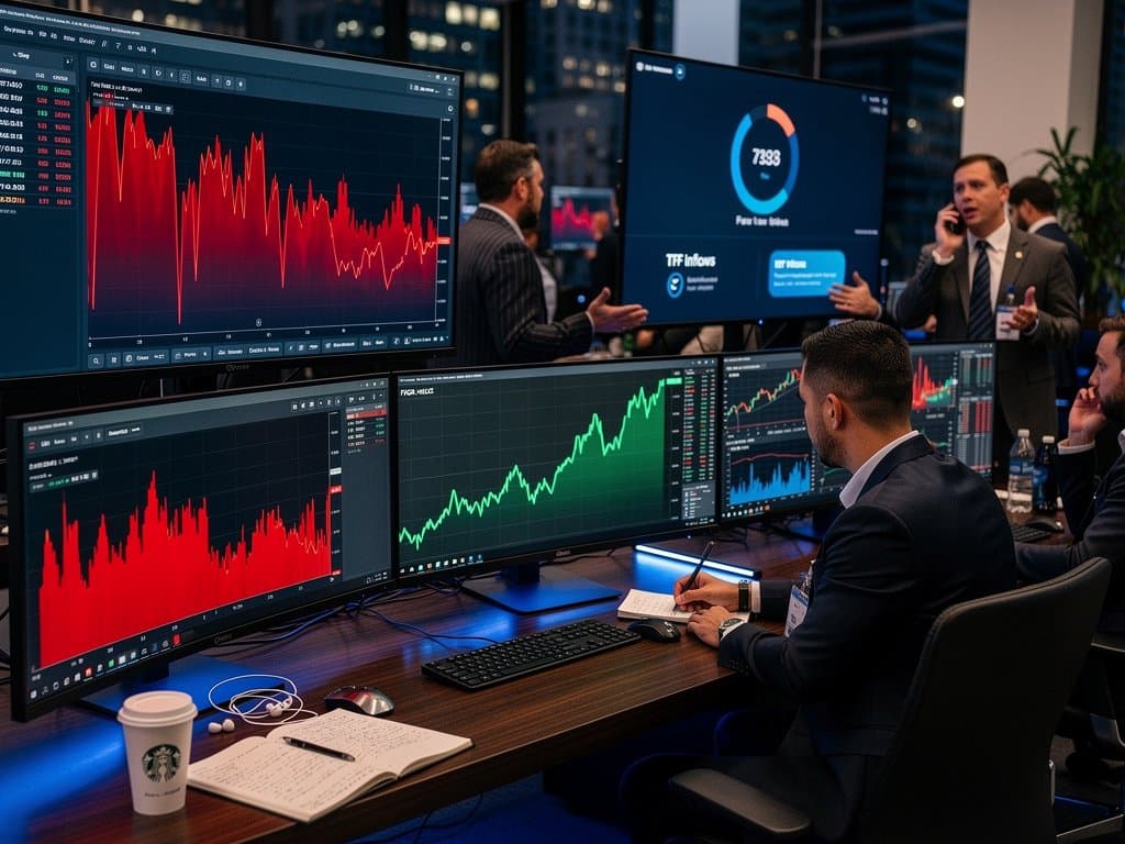 Trading screens display Bitcoin $75K dip, rising crypto stocks, Fear & Greed Index at 27