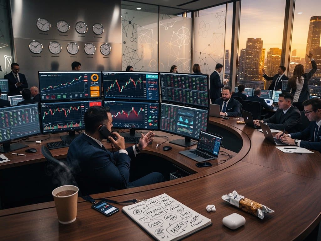 Trading floor monitors displaying XRP price prediction charts at $1.43, Fear & Greed at 27, and crypto market data in modern finance hub