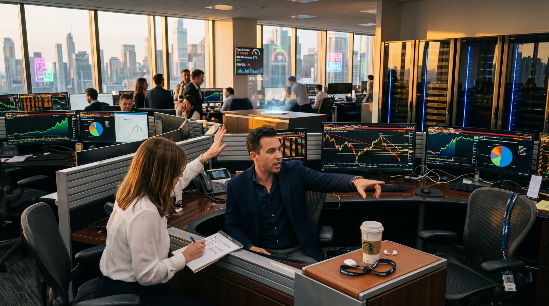 Trading desks with Bloomberg terminals showing Bitcoin price drop and AI stock charts in modern floor