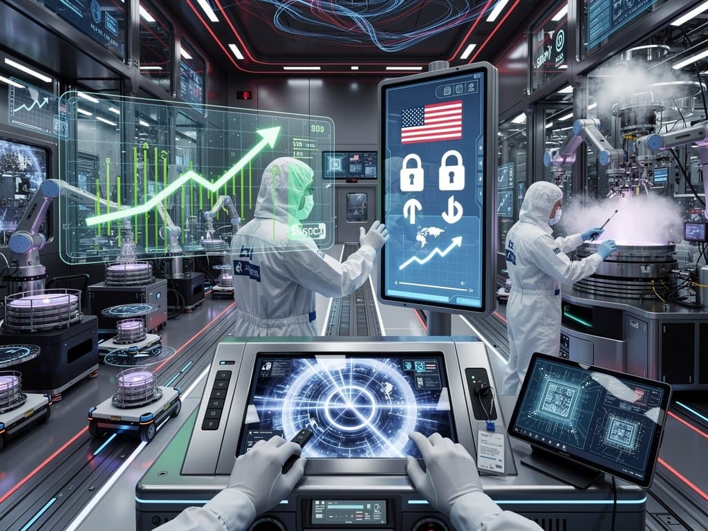 High-tech cleanroom with robotic arms assembling chip wafers under UV lights in US semiconductor fab for cloud innovation amid bipartisan chip gear crackdown