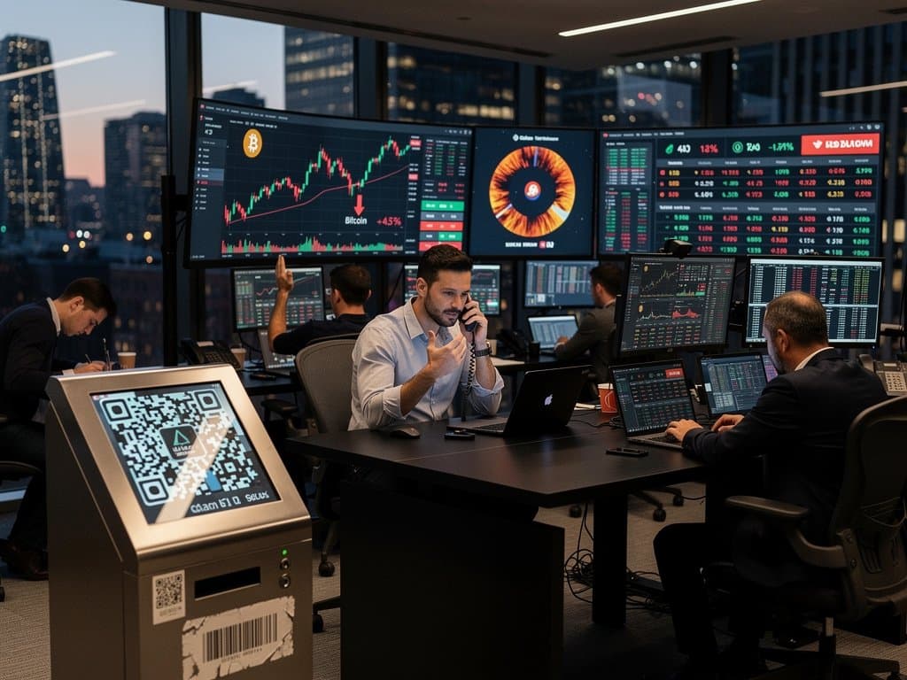 Trading monitors show crypto ATM scam alerts, Bitcoin at $75K drop, Fear & Greed 27, regulatory overlays in finance trading room