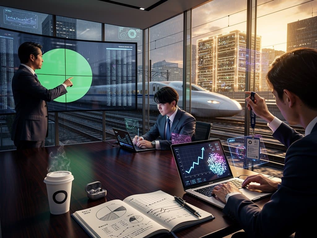 Shinkansen train with AI overlays and BTC charts in futuristic Tokyo skyline