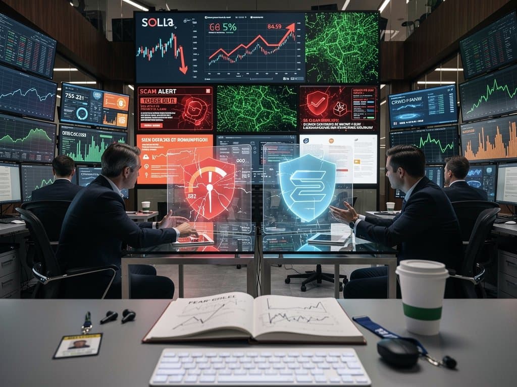Cybersecurity analysts monitor Solana blockchain threats on multi-screen trading desks in a Wall Street bank ops center